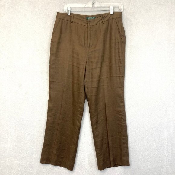Lauren Ralph Lauren Linen Pants Womens 10P Brown Lightweight Straight Leg Petite - Picture 1 of 14